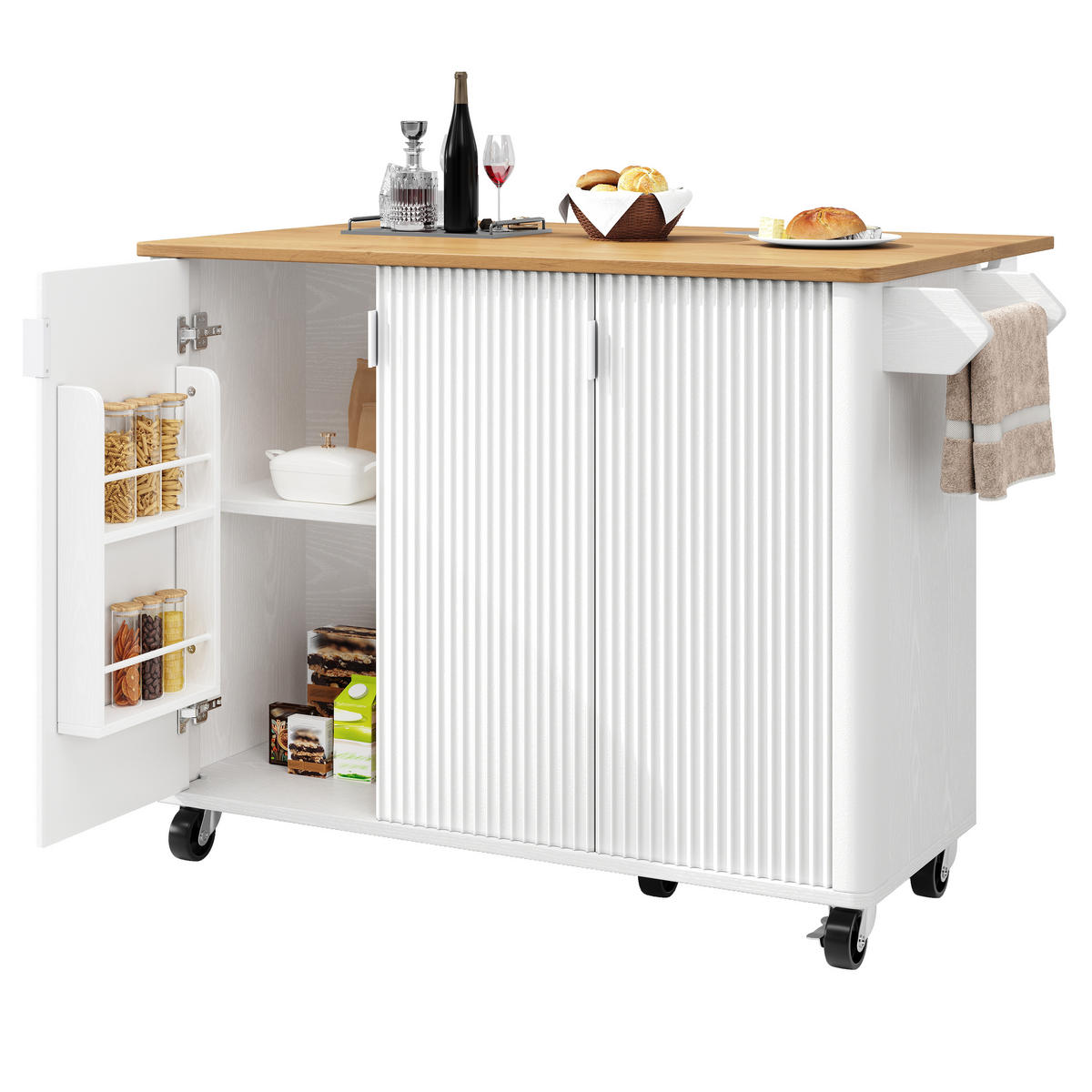 KÜCHENINSEL ausziehbar mit 3 Türen und Gewürzregal, Weiß-Schwarz, 130/45/92 cm - Weiß, Kunststoff (45/92/130cm) - Rolipo
