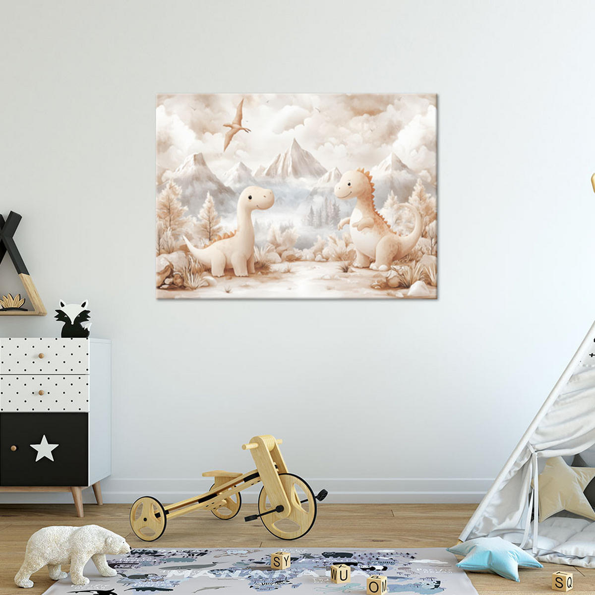 LEINWANDBILD für Kinderzimmer Entzückende kleine Dinosaurier Beige Landschaft - Beige, Textil (60/40cm) - Feeby