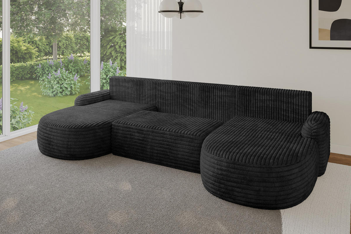 WOHNLANDSCHAFT mit Schlaffunktion und Bettkasten LIRA-U - 335x172x89 Schwarz - Schwarz, Holzwerkstoff/Textil (335/89/172cm) - ALTDECOR