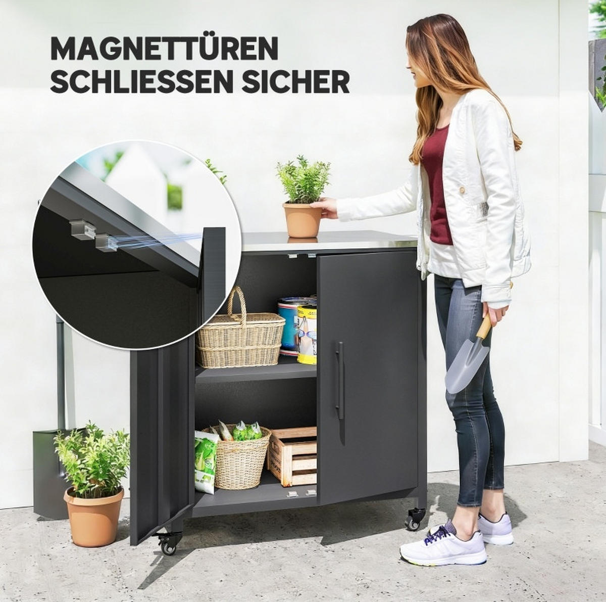 GARTENSCHRANK mit Pflanztisch, herausnehmbarem Einlegeboden, Edelstahl-Arbeitsplatte und Rollen, Schwarz - Schwarz, Metall (50/90/80cm) - Redom