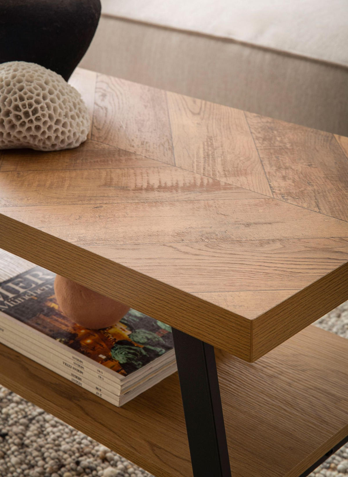COUCHTISCH Braun Fischgrät-Muster 100x40x41cm mit Ablage und Metallgestell - Schwarz/Braun, Holz/Metall (40/100/41cm) - KADIMA DESIGN