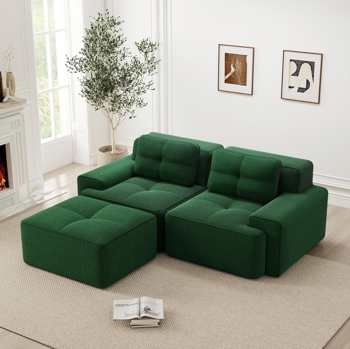 ECKSOFA aus Cord in Grün mit Tiefsitz - Grün, Textil (177/204cm) - Modfu