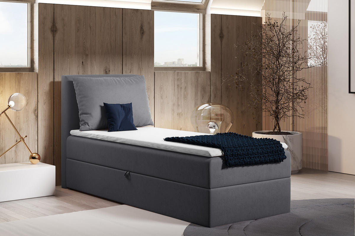BOXBETT Egro Mini - 90x200 - dunkelgrau (Kronos 22, Velvet) - Dunkelgrau/Schwarz, Holz/Holzwerkstoff (90/200cm) - Sofnet