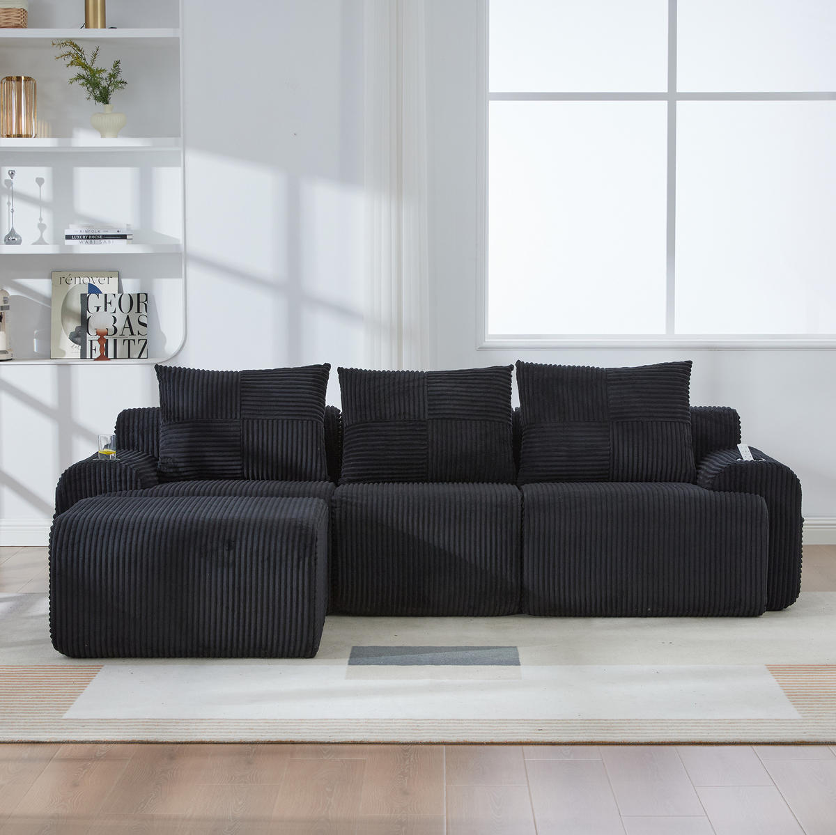 SOFA 268/174/80 cm in Schwarz mit Cupholder und Seitentasche - Schwarz, Textil (174/80/268cm) - Flora Grace