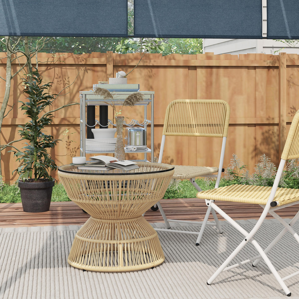 BEISTELLTISCH 60/60/50 cm mit Hartglas-Tischplatte und PE-Rattan-Geflecht, Naturholz - Naturfarben, Glas (60/60/50cm) - Redom