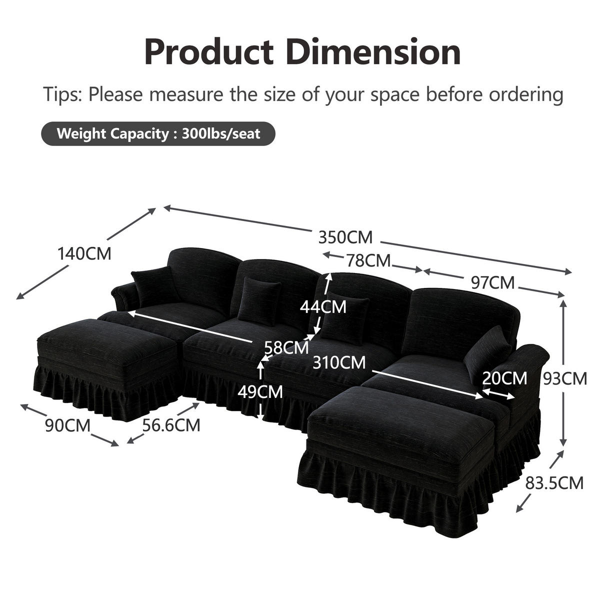 ECKSOFA 350/140/93 cm schwarz aus Chenille mit abnehmbarem Volant und beweglichem Hocker - Schwarz, Textil (140/350cm) - OKWISH