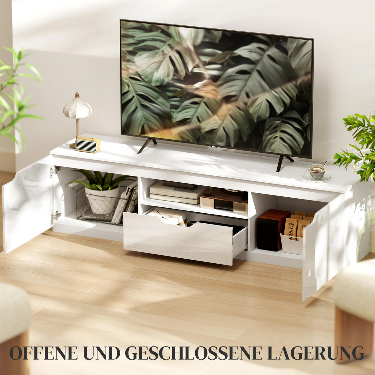 TV komoda 160/38/43 cm bijela, drvena, s odlaganjem i upravljanjem kabela - bijela, drvni materijal (160/43/38cm) - BEAOK