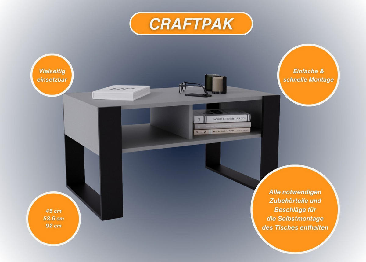 COUCHTISCH Holzwerkstoff rechteckig stabil Dunkelgrau 45/53,6/92cm - Dunkelgrau/Schwarz, Holzwerkstoff (53.6/92/45cm) - CraftPAK