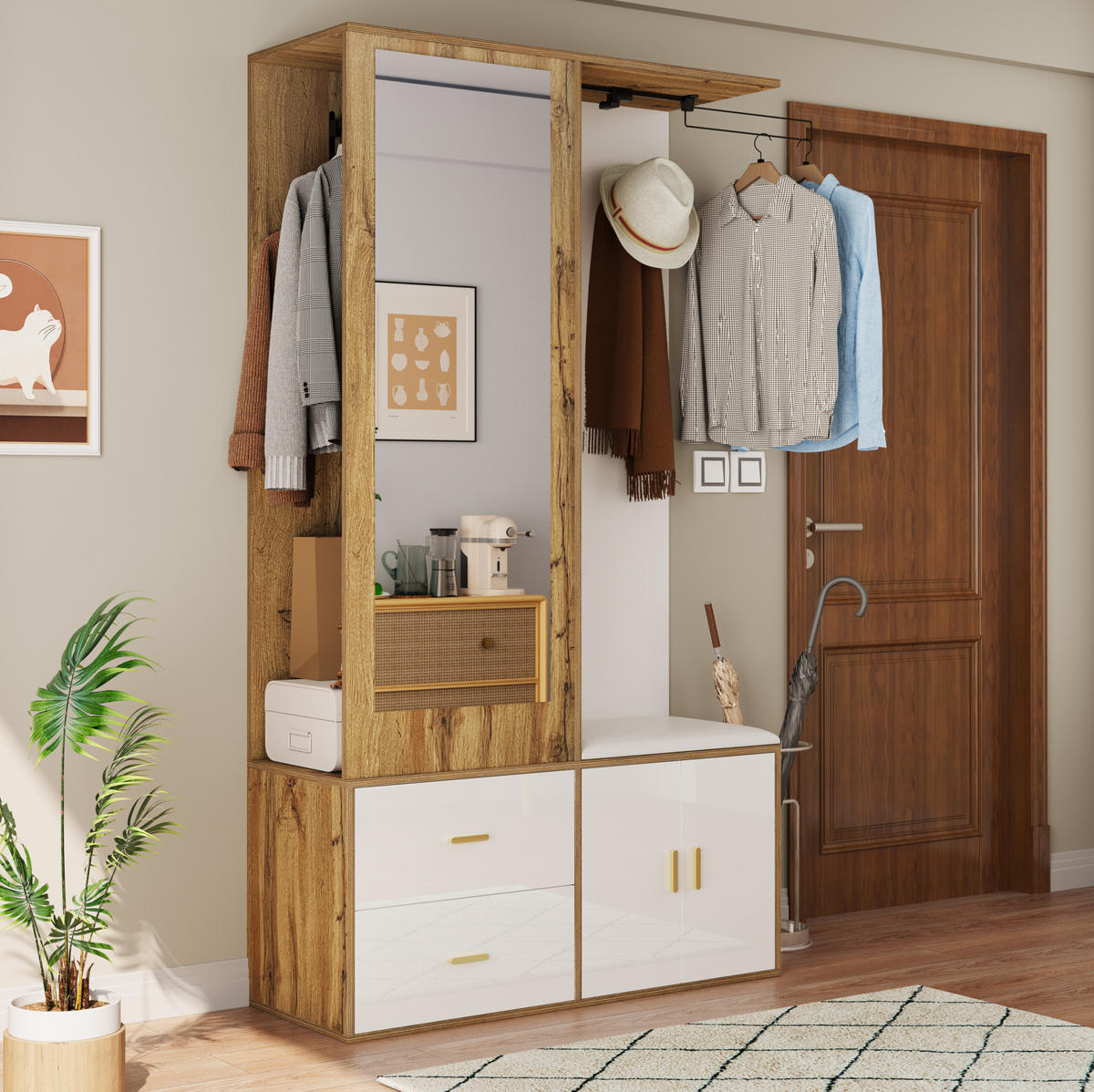 SCHUHSCHRANK 100/180/38 cm Weiß/Natur aus MDF, Spanplatte und Spiegel mit Sitzbank - Naturfarben, Holzwerkstoff (100/180/38cm) - OKMYHOME