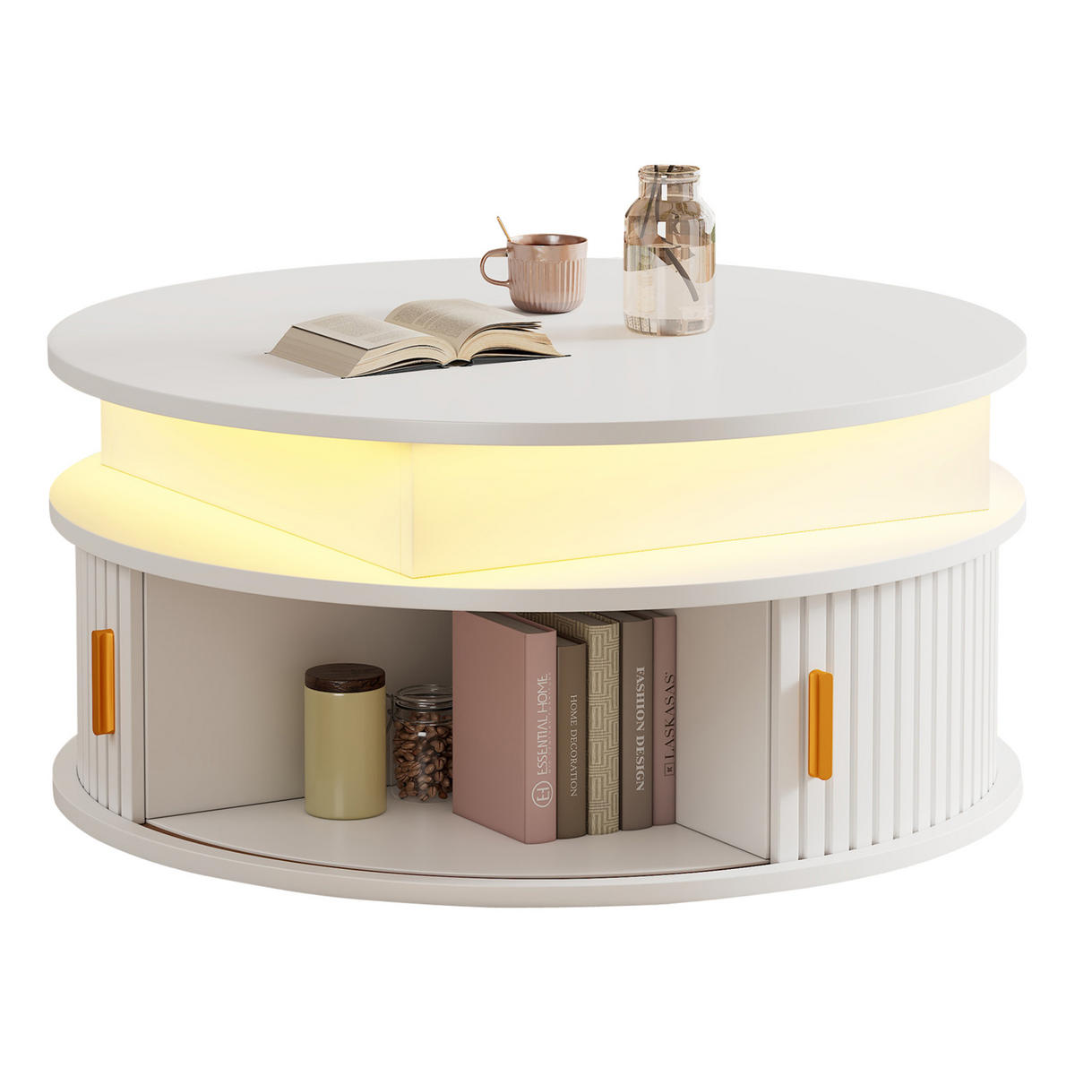 COUCHTISCH 75/75/52 cm höhenverstellbar mit LED-Beleuchtung, Rollladentüren und Stauraum aus MDF, Weiß - Weiß, Holzwerkstoff (75/75/52cm) - Redom