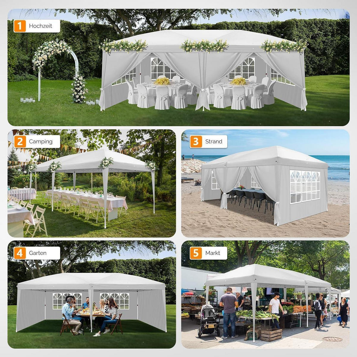 FALTPAVILLON 3 x 6 m Wasserdicht Sonnenschutz Weiß mit 4 Seitenwänden - Weiß, Textil (300/255/600cm)