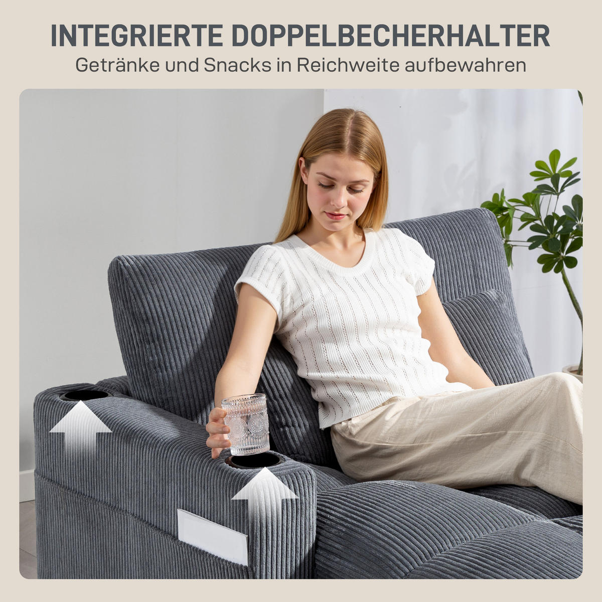 SOFA-BETT DE-06505 zum Bett umwandelbar, Becherhalter, Taschenfederkern Grau - Dunkelgrau, Holzwerkstoff/Textil (147/86/114cm) - ComfortXL