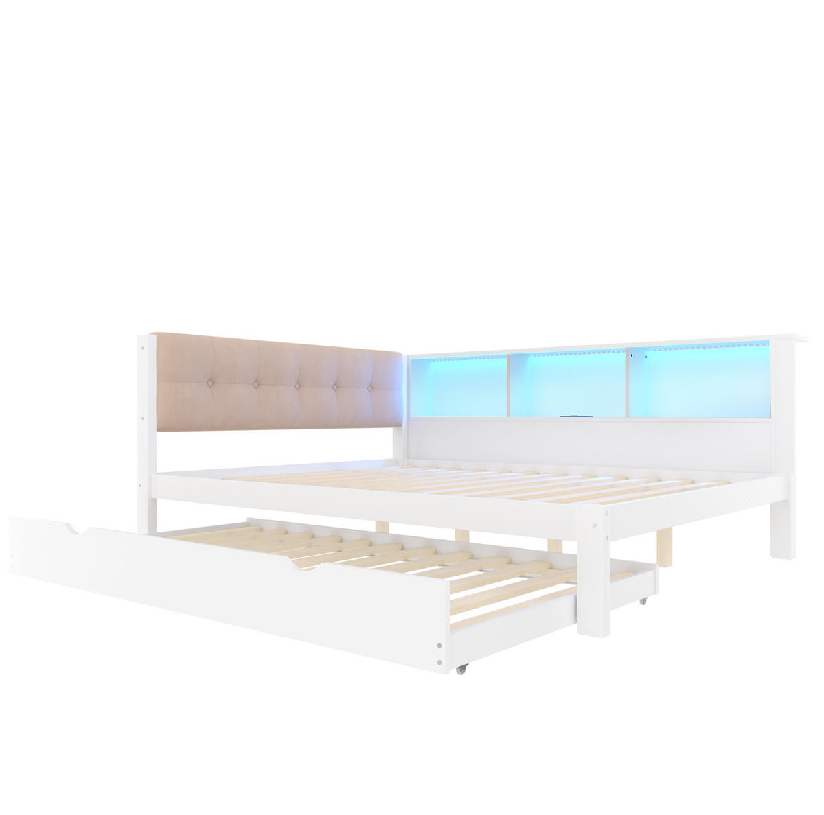 POLSTERBETT 140/200 cm mit Ausziehbett, LED-Beleuchtung, USB-Anschluss und Regal, Kiefer massiv/MDF, Weiß - Weiß, Holz (140/200cm) - Redom