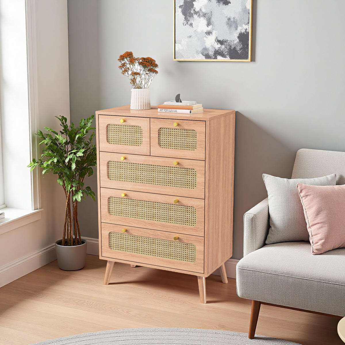 KOMMODE 5 Schubladen Naturholz Rattanfront Massivrahmen - Naturfarben, Holzwerkstoff (34/91/60cm) - SHOPENTRA