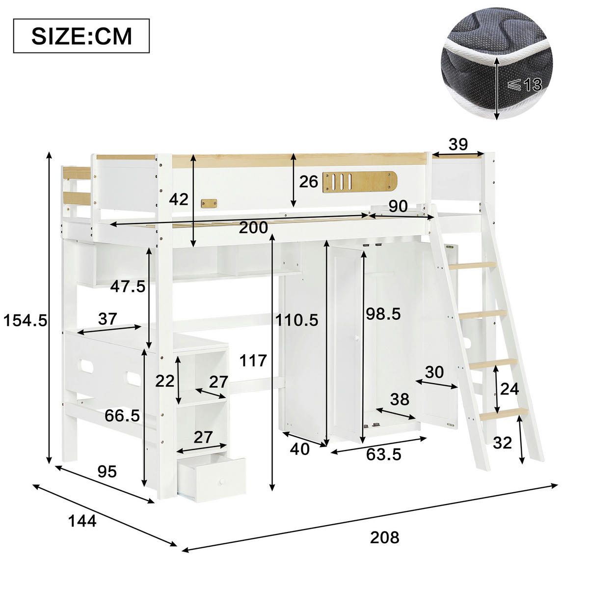 ETAGENBETT 90/200 cm in Weiß/Natur mit Tisch, Kleiderschrank und Stauraum - Weiß, Holz (90/200cm) - OKMYHOME