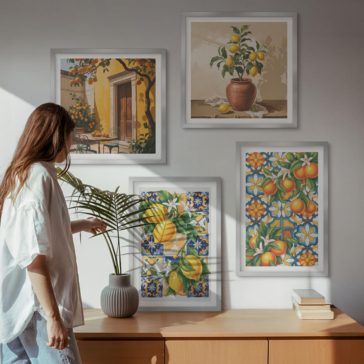 WANDBILDER 4er Set - 50x50 cm & 40x60 cm Silberner Rahmen - Zitronenorange Blütenmuster - Silberfarben, Kunststoff (50/50cm) - ArtPrintCave