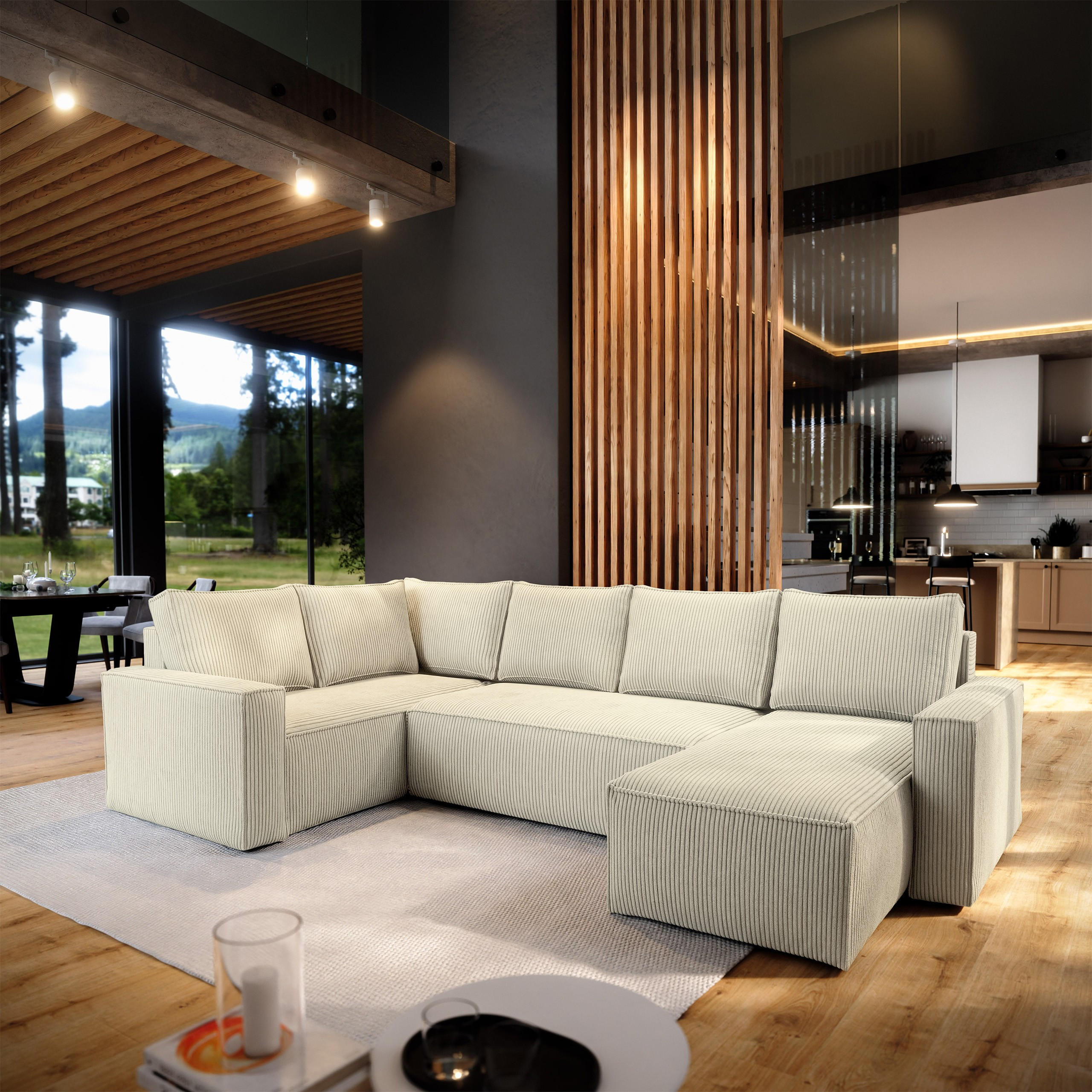 WOHNLANDSCHAFT NORENA L-S Creme Kordstoff mit Schlaffunktion - Creme, Holz (295/85/157.5cm) - MASSENO