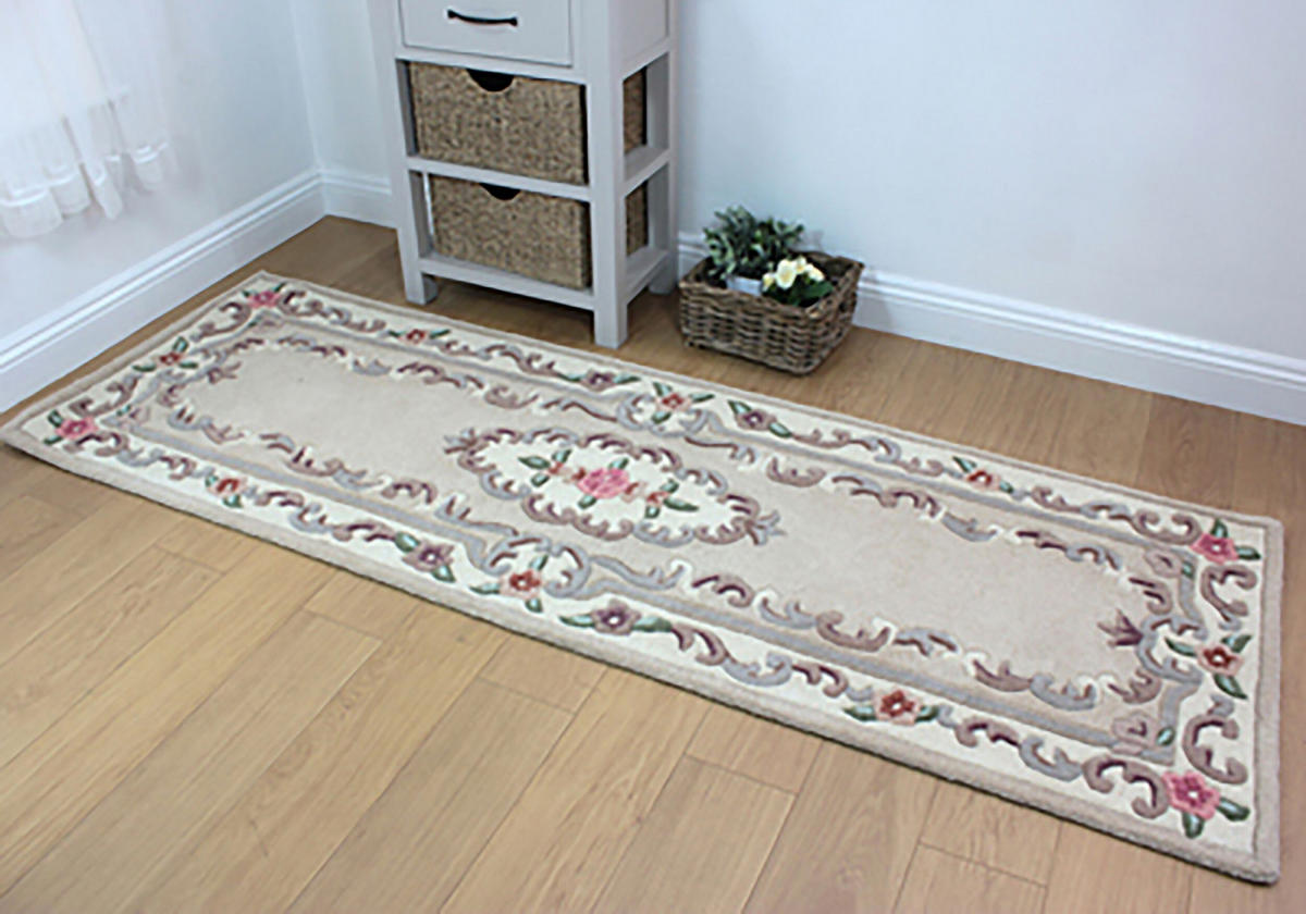 WOLLTEPPICH Aubusson-Muster handgeknüpft BEAULY, Braun-Beige 67x210 cm - Braun, Textil (67/210cm) - KADIMA DESIGN