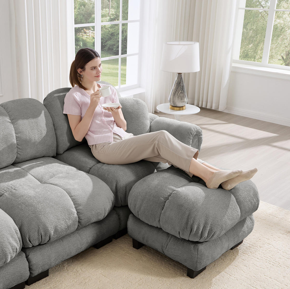 SOFA aus Chenille in U-Form Grau - Hellgrau, Holz (149/90/190.1cm) - Meubliv