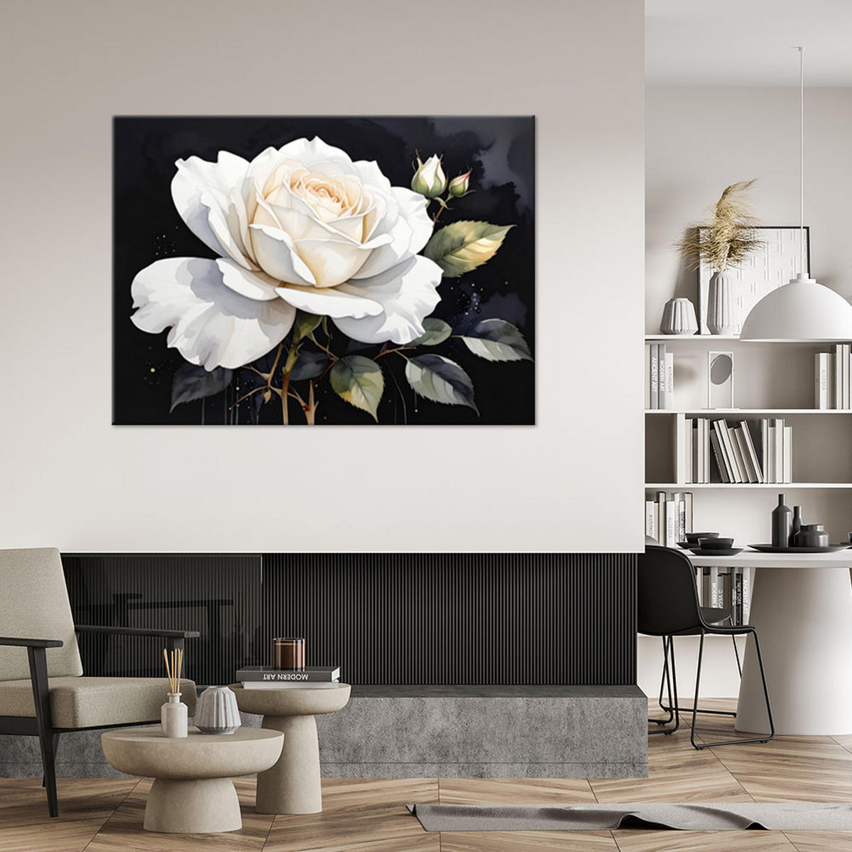LEINWANDBILD, Weiße Rosenblüte auf schwarzem Hintergrund - Weiß, Textil (120/80cm) - Feeby