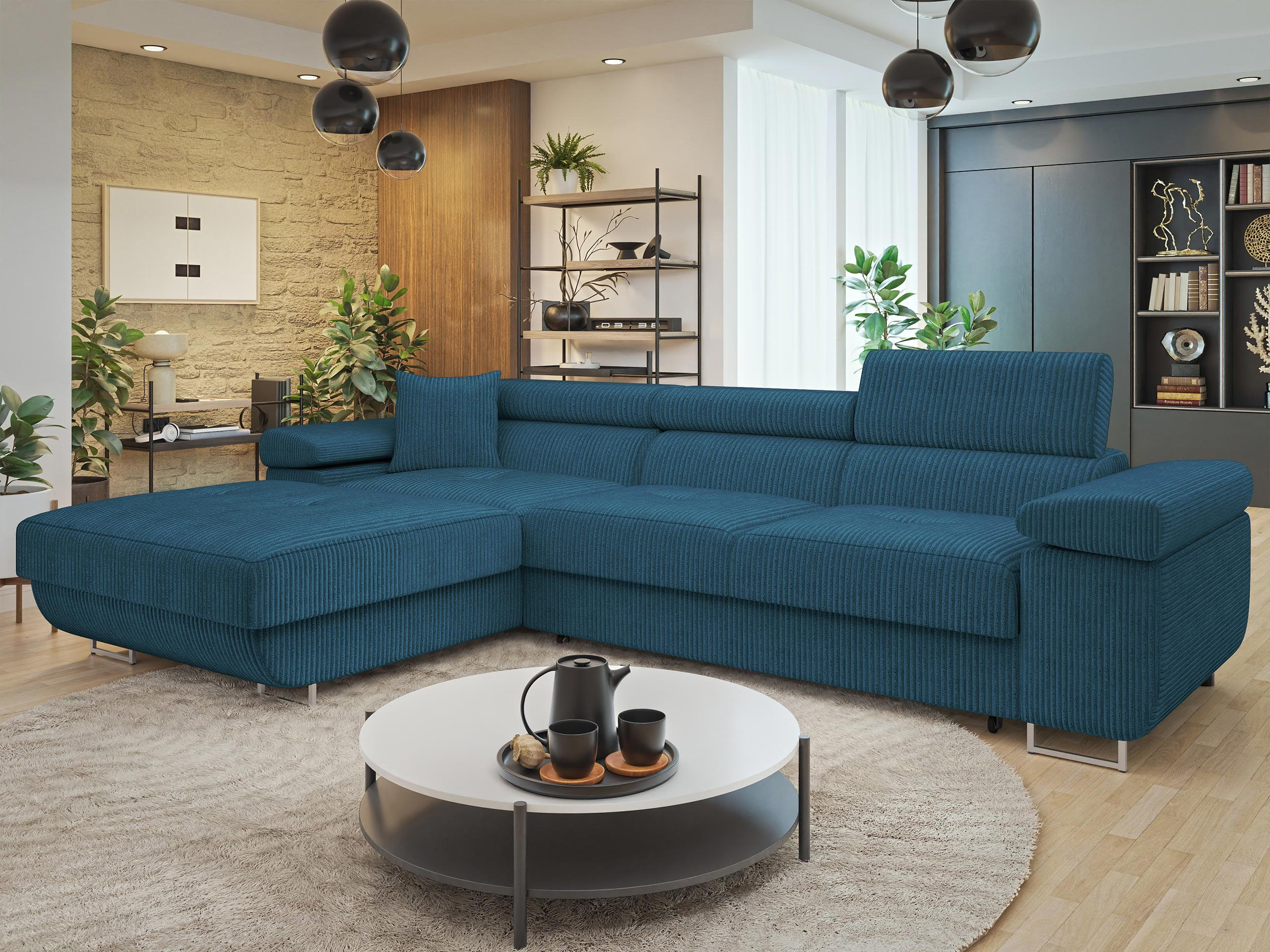 ECKSOFA Torezio Mini Cord, Seite: Links - Blau, Holz/Textil (280/170cm) - MIRJAN24