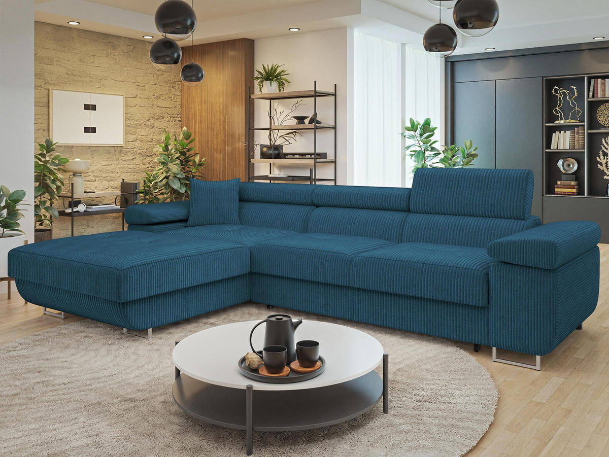 ECKSOFA Torezio Mini Cord, Seite: Links - Blau, Holz/Textil (280/170cm) - MIRJAN24