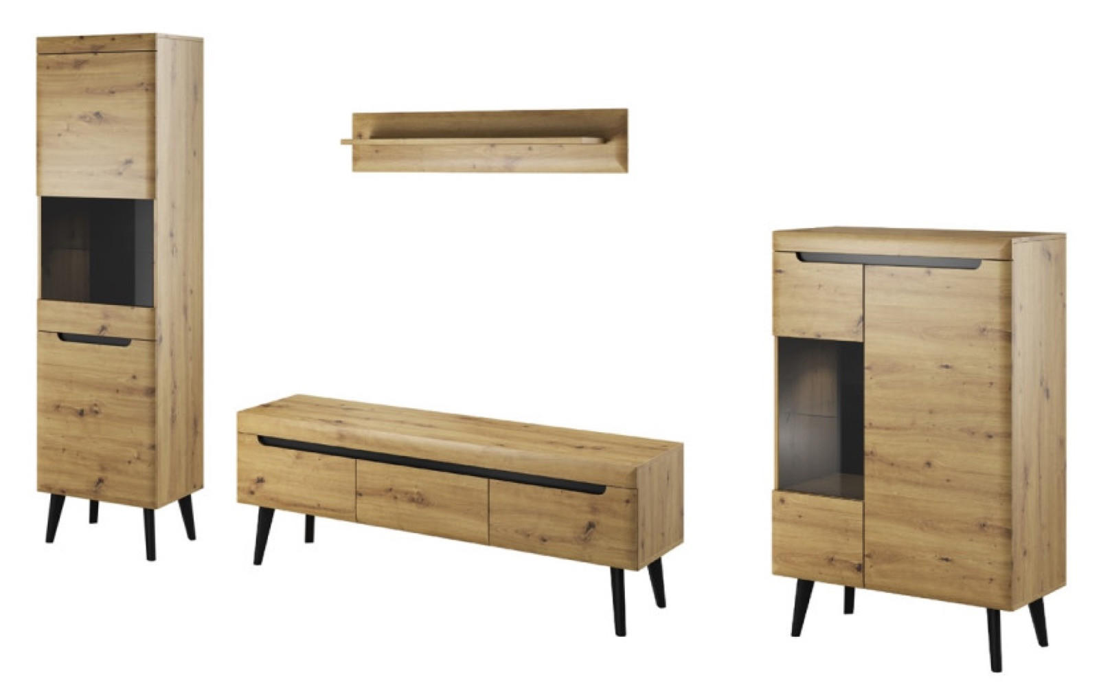 WOHNWAND Schwarz Nordan Eiche Artisan LED Mit Regalen - Multicolor, Holzwerkstoff (305/197/40cm) - Sepro Meble