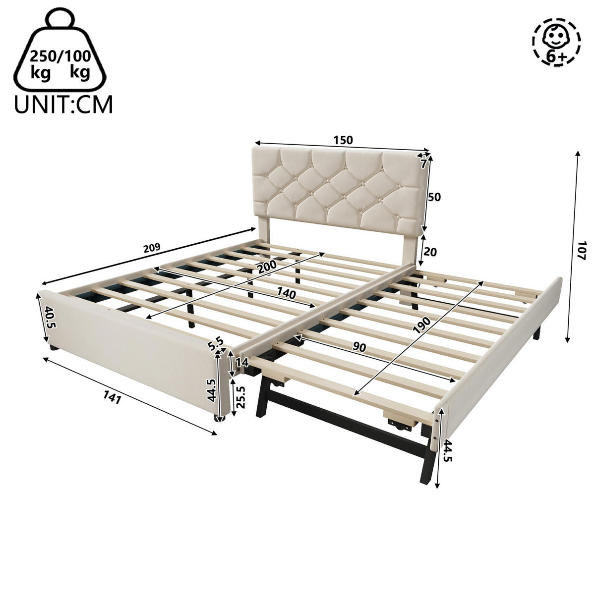 POLSTERBETT mit Rollbett 140x200 cm Samt Beige - Beige, Metall (140/200cm) - Meubliv