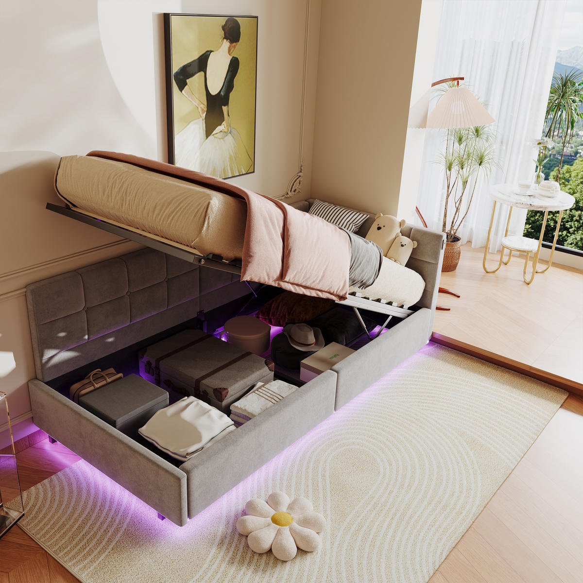 POLSTERBETT 90x200 cm Grau mit hydraulischem Stauraum, LED Beleuchtung, Eckbett mit Rückenlehne - Grau, Metall (90/200cm) - EuroLiving