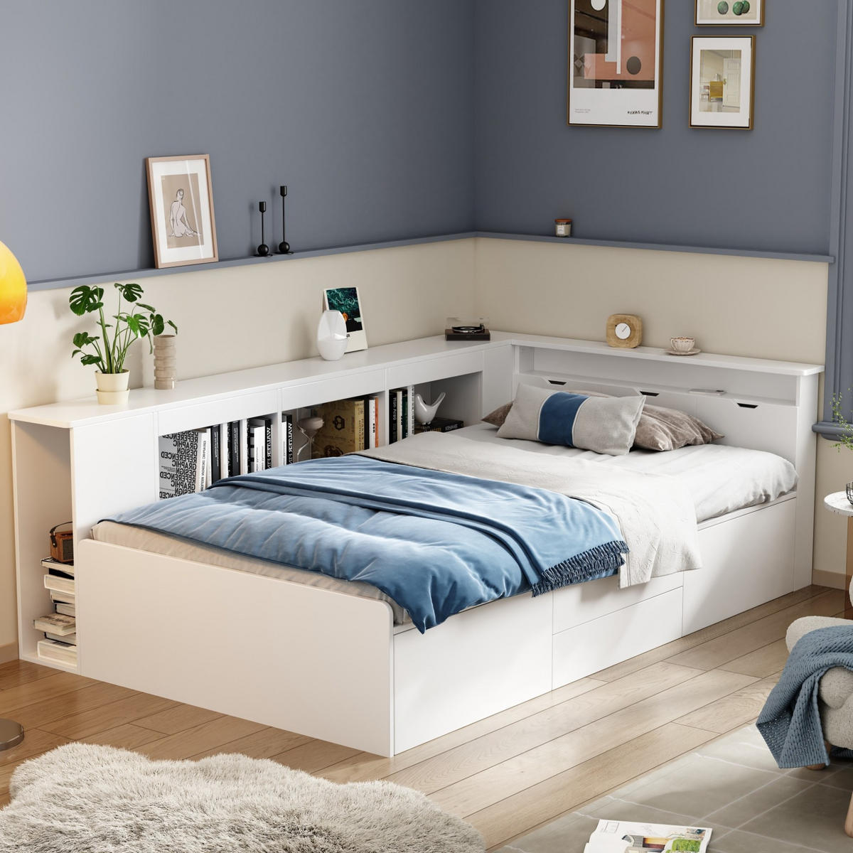 KINDERBETT aus MDF 90x200 cm Weiß mit 4 Schubladen, Bücherregalen und Stauraum - Weiß, Holzwerkstoff (90/200cm) - IVMEU