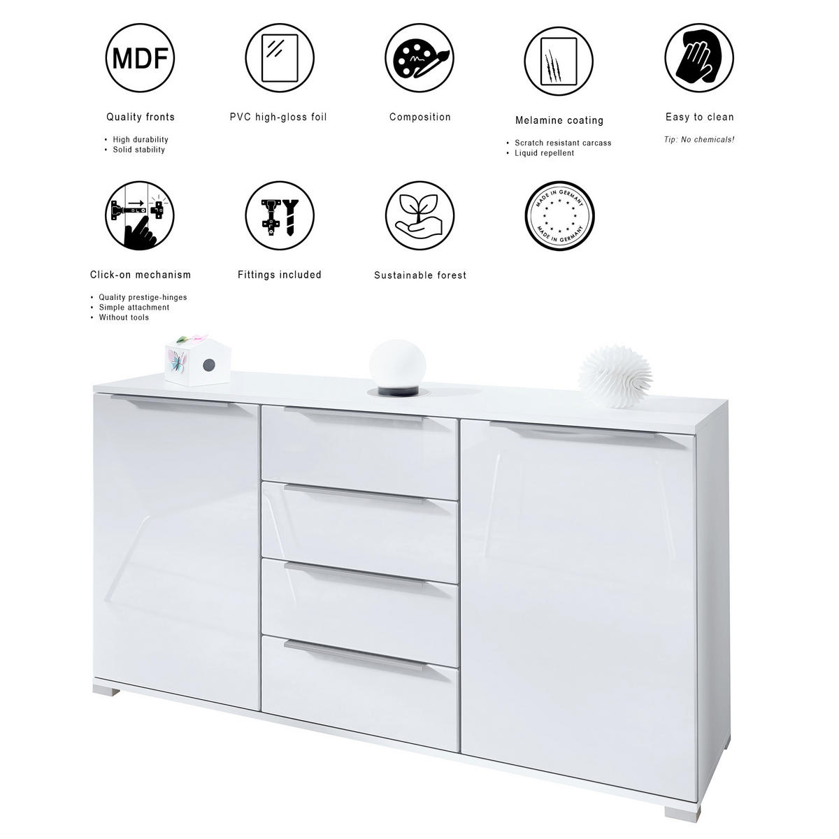 SIDEBOARD Linio Grau Hochglanz - Grau, Holzwerkstoff (138.5/75.5/35cm) - Vladon