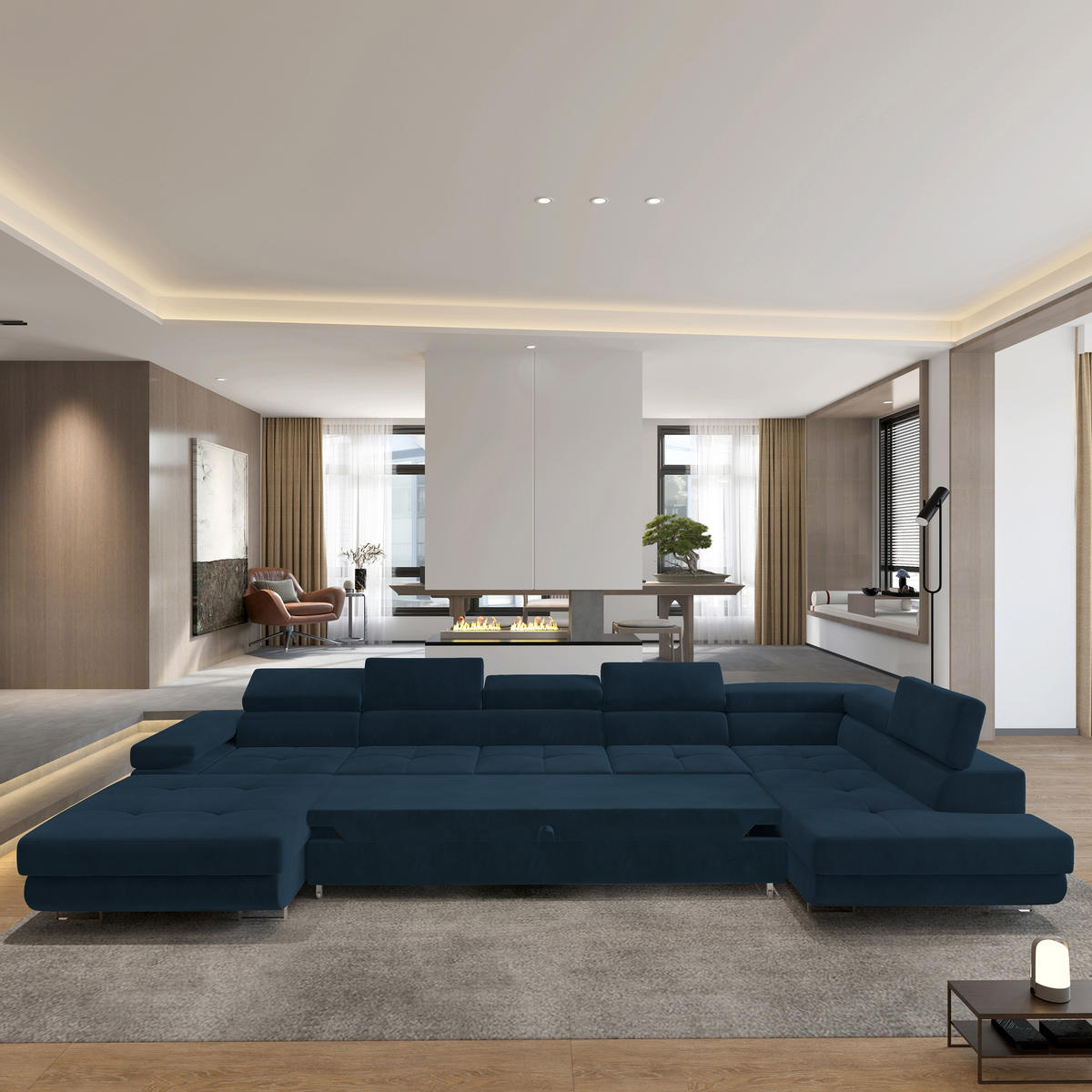 WOHNLANDSCHAFT TORIVA R-S Blau Velours-Stoff mit Schlaffunktion - Blau, Holz (418/90/202cm) - MASSENO