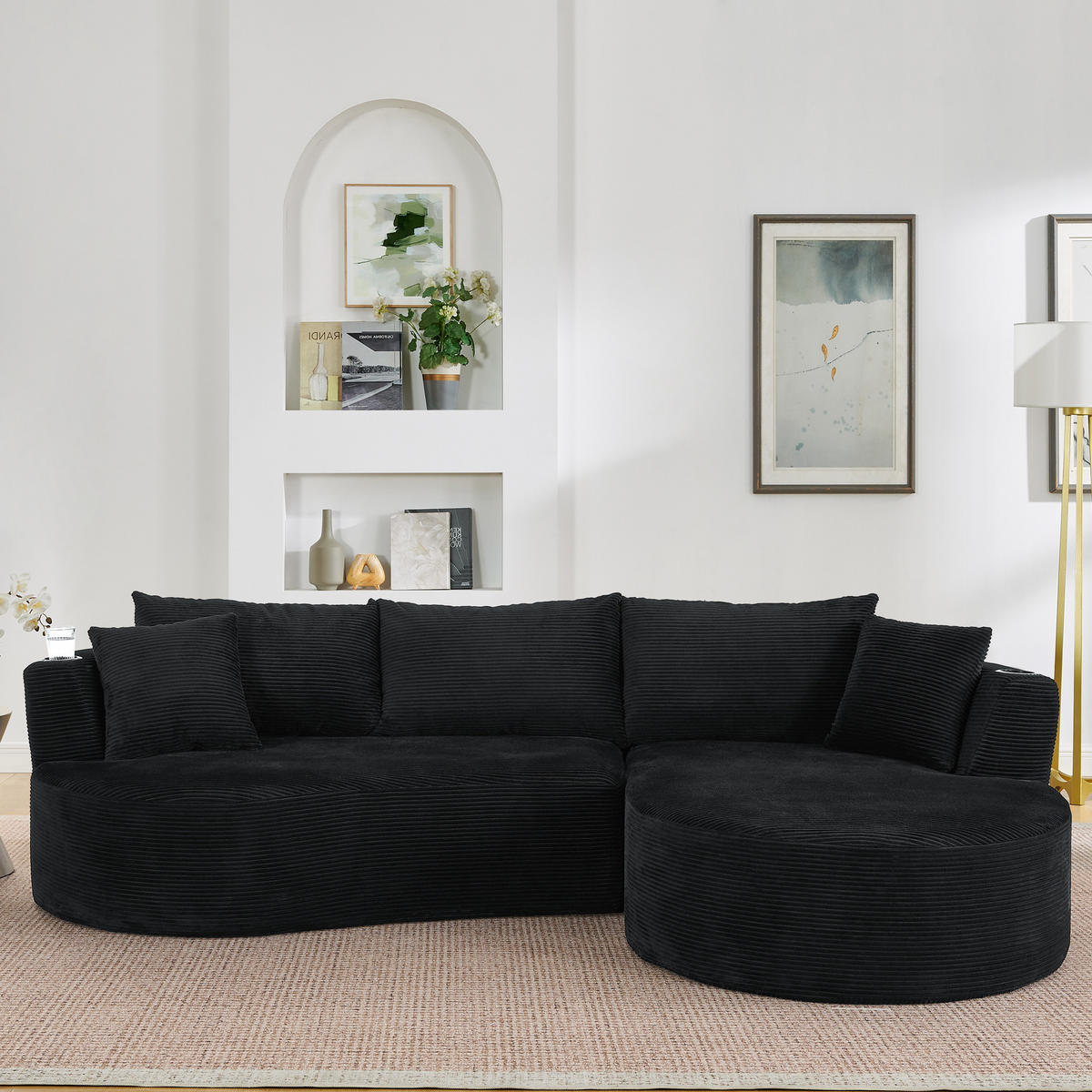 SOFA 3-Sitzer bogenförmig mit Getränkehaltern Kordstoff Schwarz - Schwarz, Textil (168/264.1cm) - Meubliv