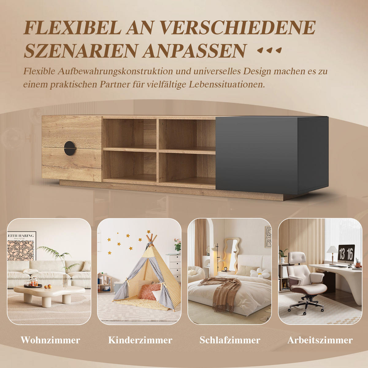FERNSEHSCHRANK aus Holzwerkstoff 180x38,5x47 cm Schwarz/Naturholz mit LED-Beleuchtung, Schublade und offenen Fächern - Schwarz, Holzwerkstoff (180/47/38.5cm) - Modfu