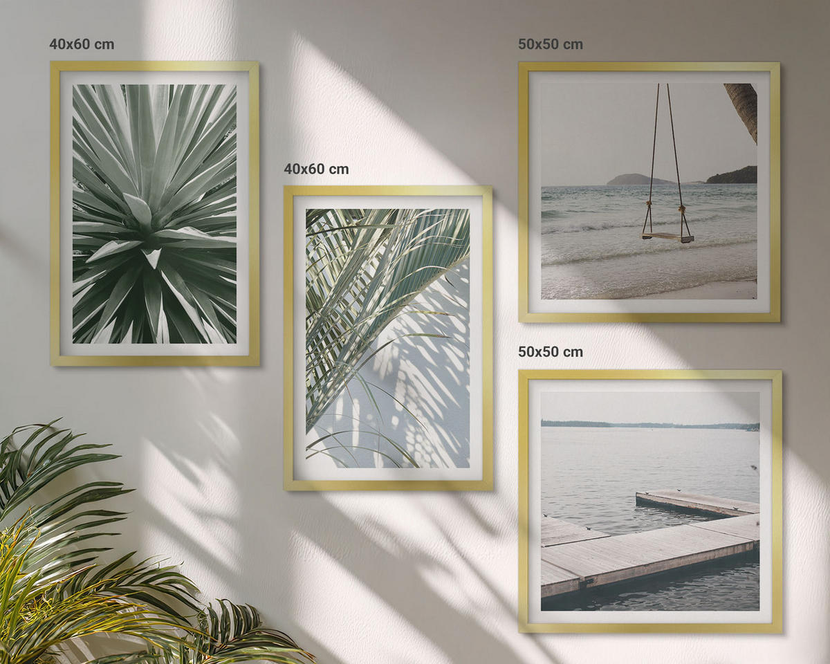 WANDBILDER 4er Set - 50x50 cm & 40x60 cm Goldrahmen - Hängebrücke aus Palmenblättern - Goldfarben, Kunststoff (50/50cm) - ArtPrintCave