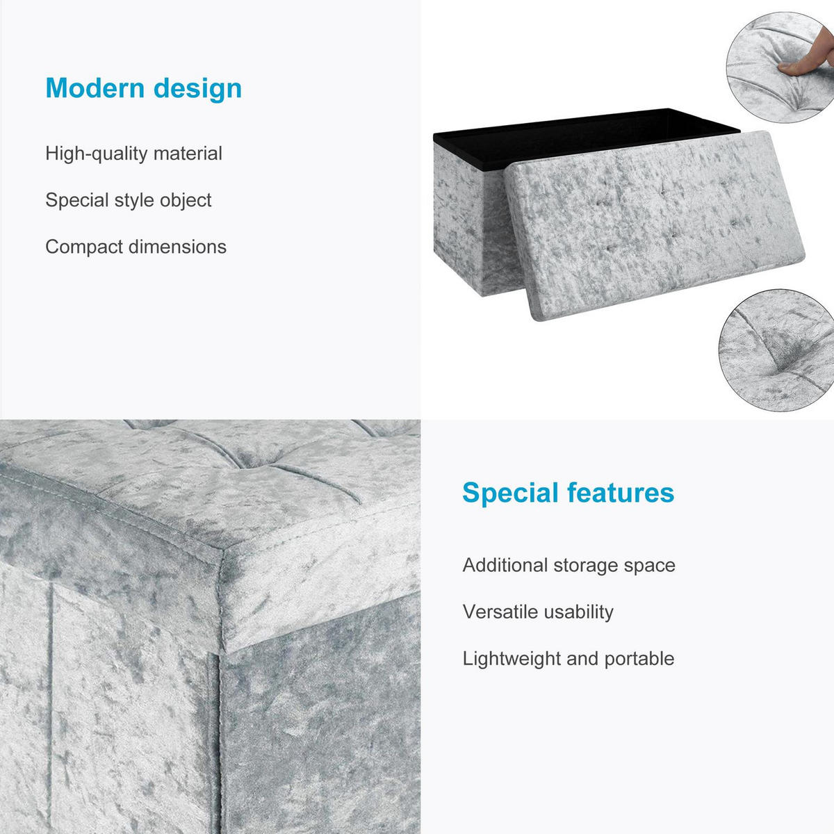 SITZBANK Faltbar mit Samtbezug 76/38/38 cm (Blau) - Blau, Karton (38/38/76cm) - Intirilife