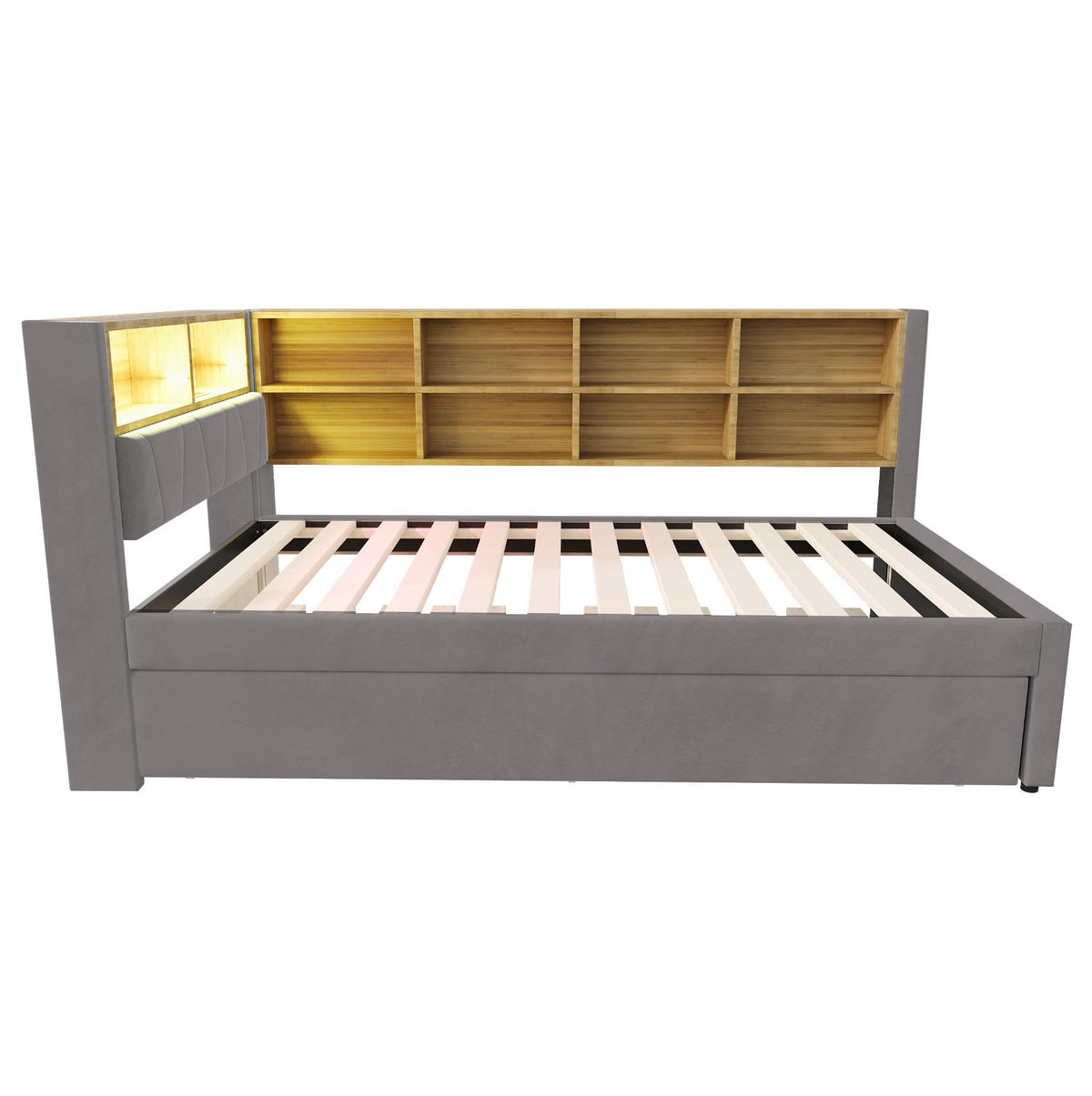 BETT mit Ausziehbett 90/190 cm Dunkelgrau Flanell mit LED-Leuchten & Ladeanschlüssen - Dunkelgrau, Textil (90/190cm) - OKWISH