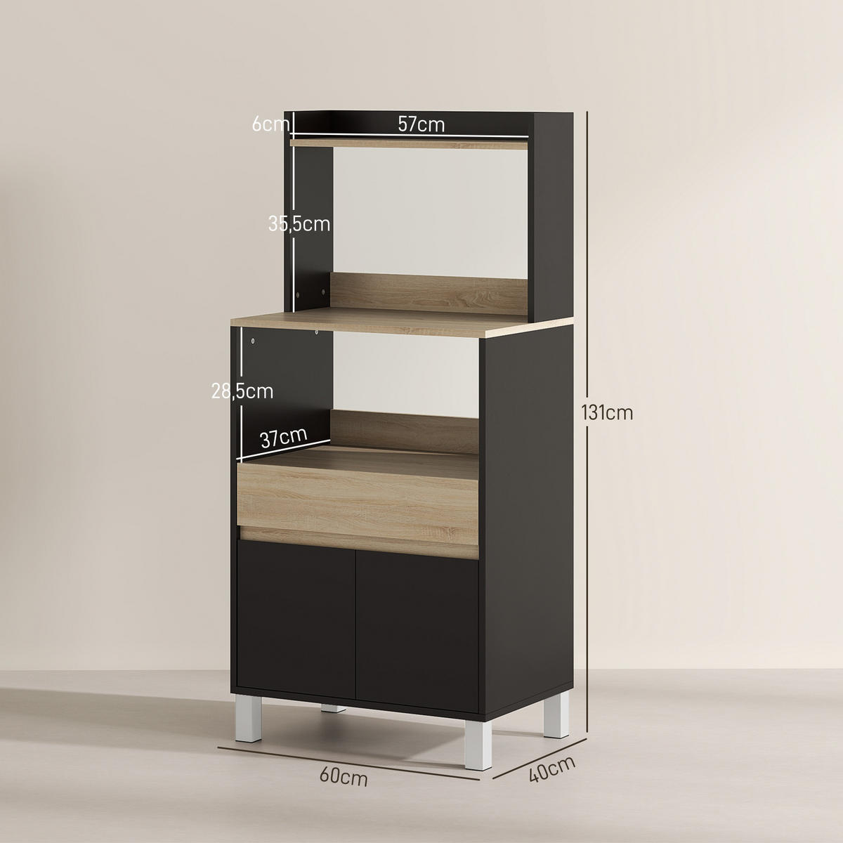 MIKROWELLENUNTERSCHRANK DE-11230 Mit Schublade Eiche/Schwarz - Schwarz, Holzwerkstoff (40/131/60cm) - ComfortXL