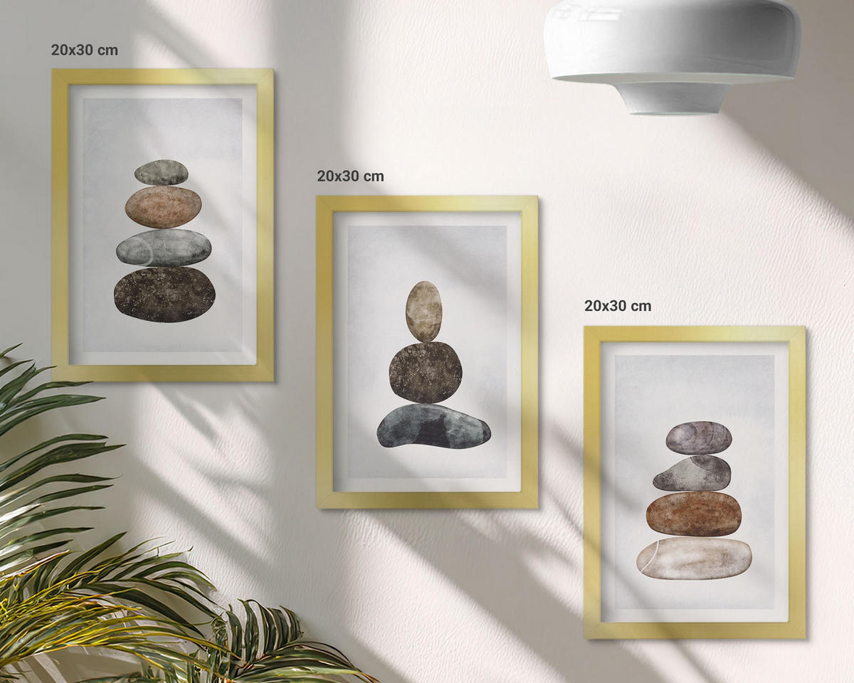 WANDBILDER 3er Set - 20x30 cm Goldrahmen - Minimalistische Boho-Steine - Goldfarben, Kunststoff (20/30cm) - ArtPrintCave