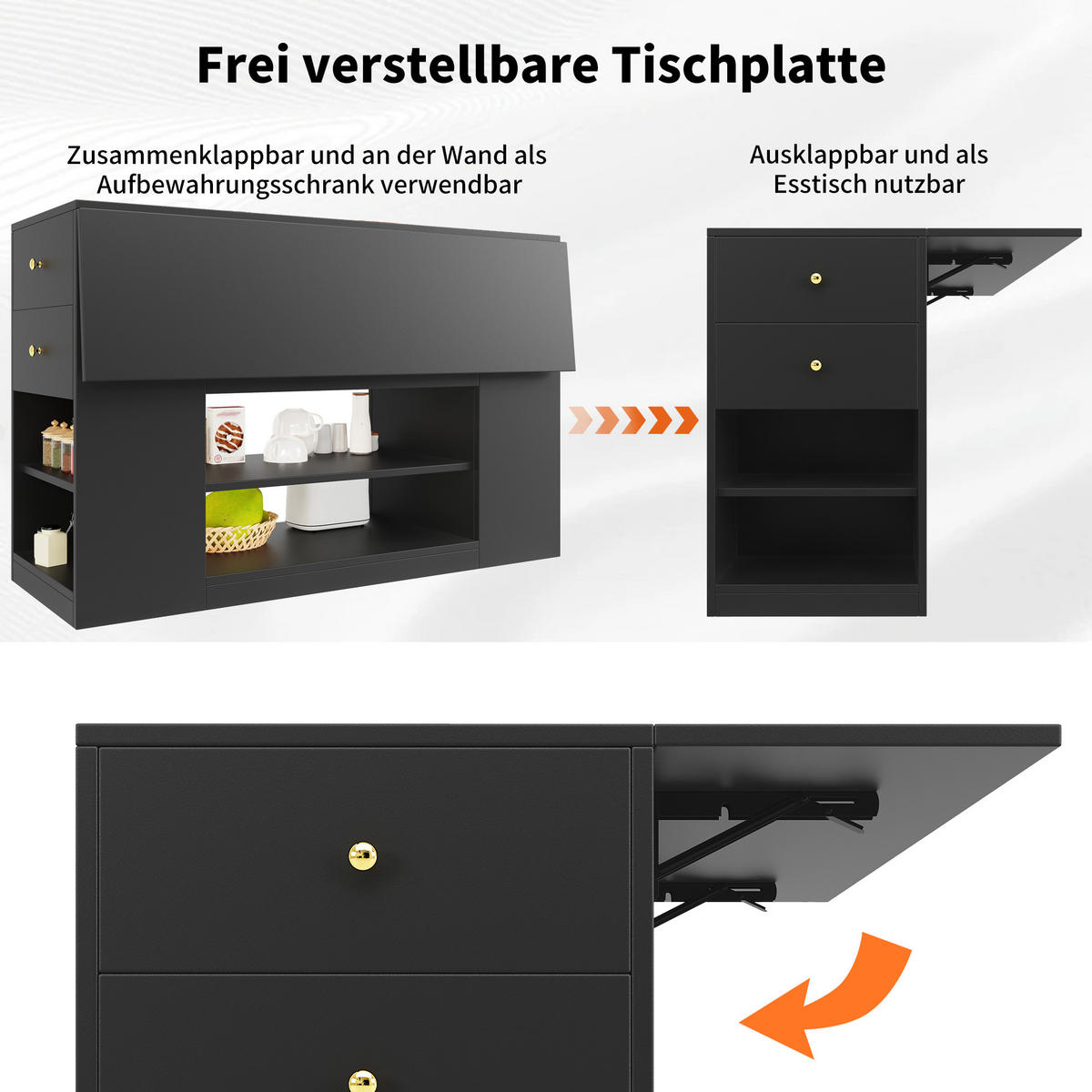 KÜCHENINSEL 140/40(65)/90 cm Schwarz mit Klappplatte, Schubladen und verstellbaren Einlegeböden - Schwarz, Holz/Holzwerkstoff (140/90/40cm) - Oxeza