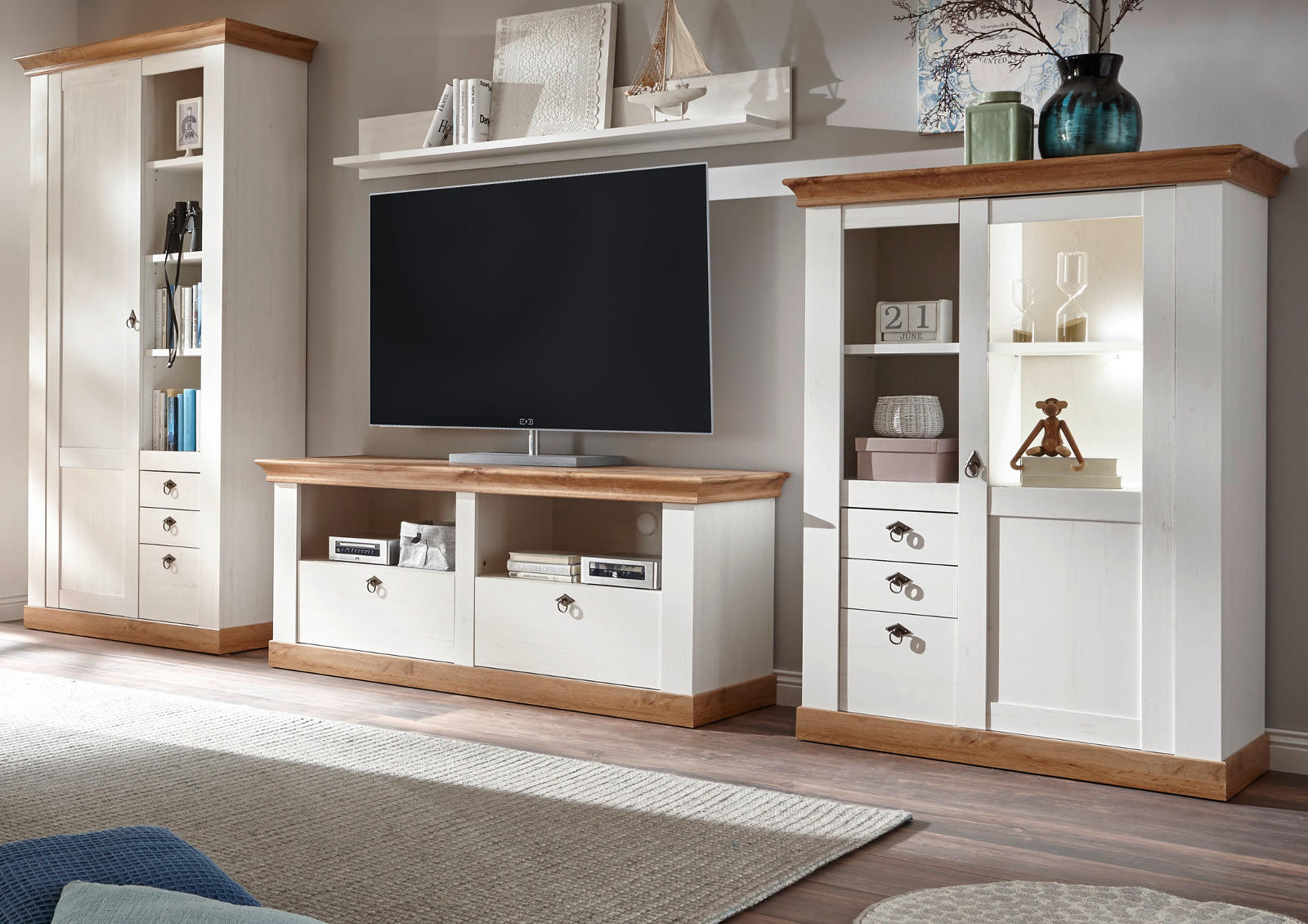 WOHNWAND weiß Pinie, Eiche Landhaus 376 cm 4-teilig, Schrankwand im Landhaus-Stil - Silberfarben/Eiche Wotan, Glas/Holzwerkstoff (376/376/52cm) - Furn.Design