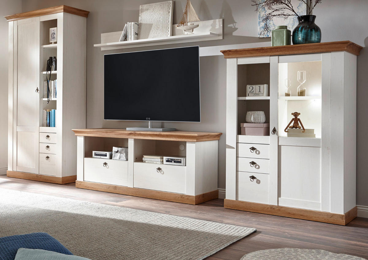 WOHNWAND weiß Pinie, Eiche Landhaus 376 cm 4-teilig, Schrankwand im Landhaus-Stil - Silberfarben/Eiche Wotan, Glas/Holzwerkstoff (376/376/52cm) - Furn.Design