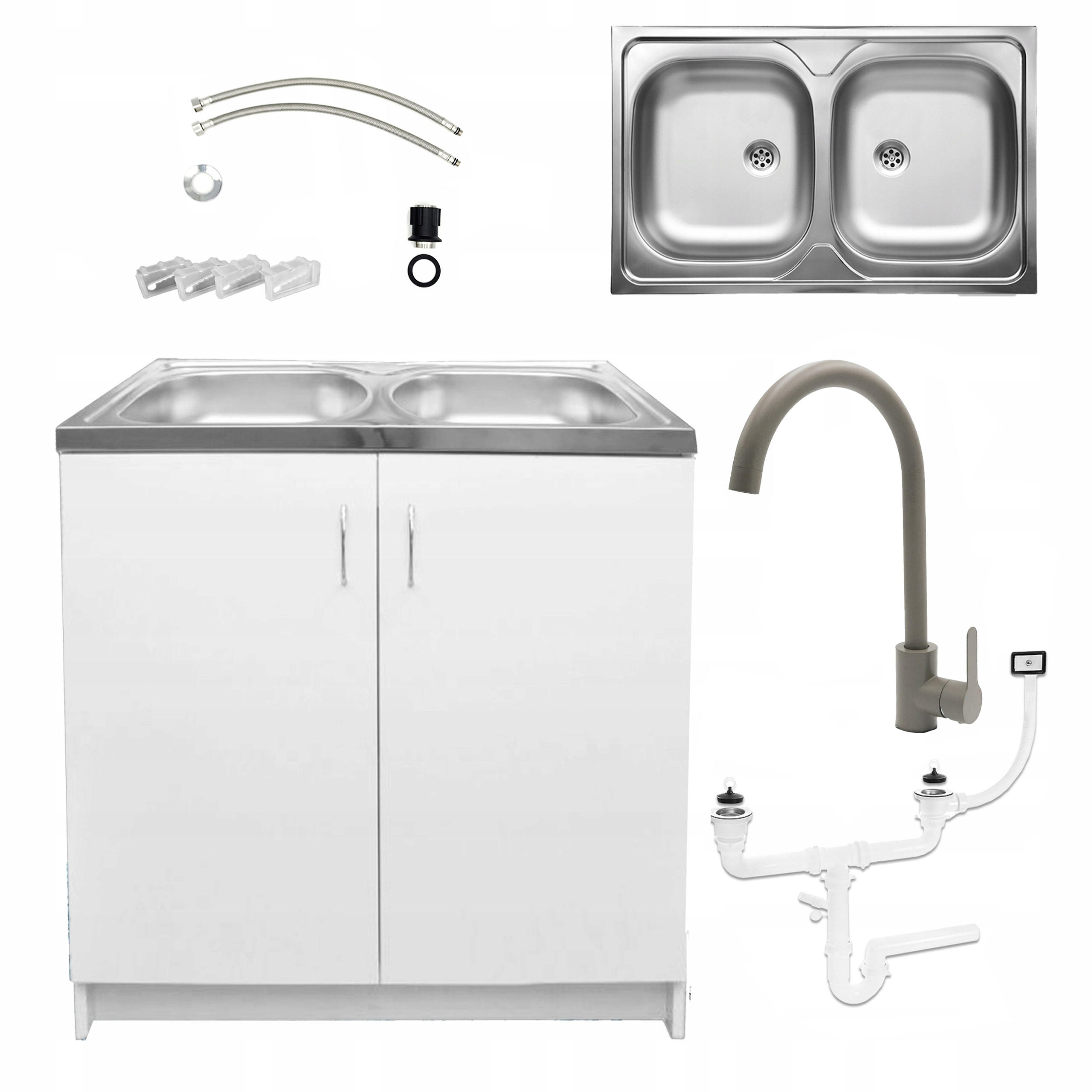 SPÜLUNTERSCHRANK 80cm mit Spüle + Armatur + Siphon weiß - Weiß, Holzwerkstoff (80/82/80cm) - Stamar