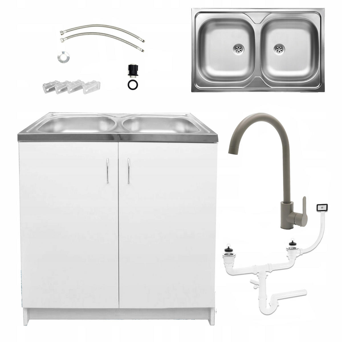 SPÜLUNTERSCHRANK 80cm mit Spüle + Armatur + Siphon weiß - Weiß, Holzwerkstoff (80/82/80cm) - Stamar