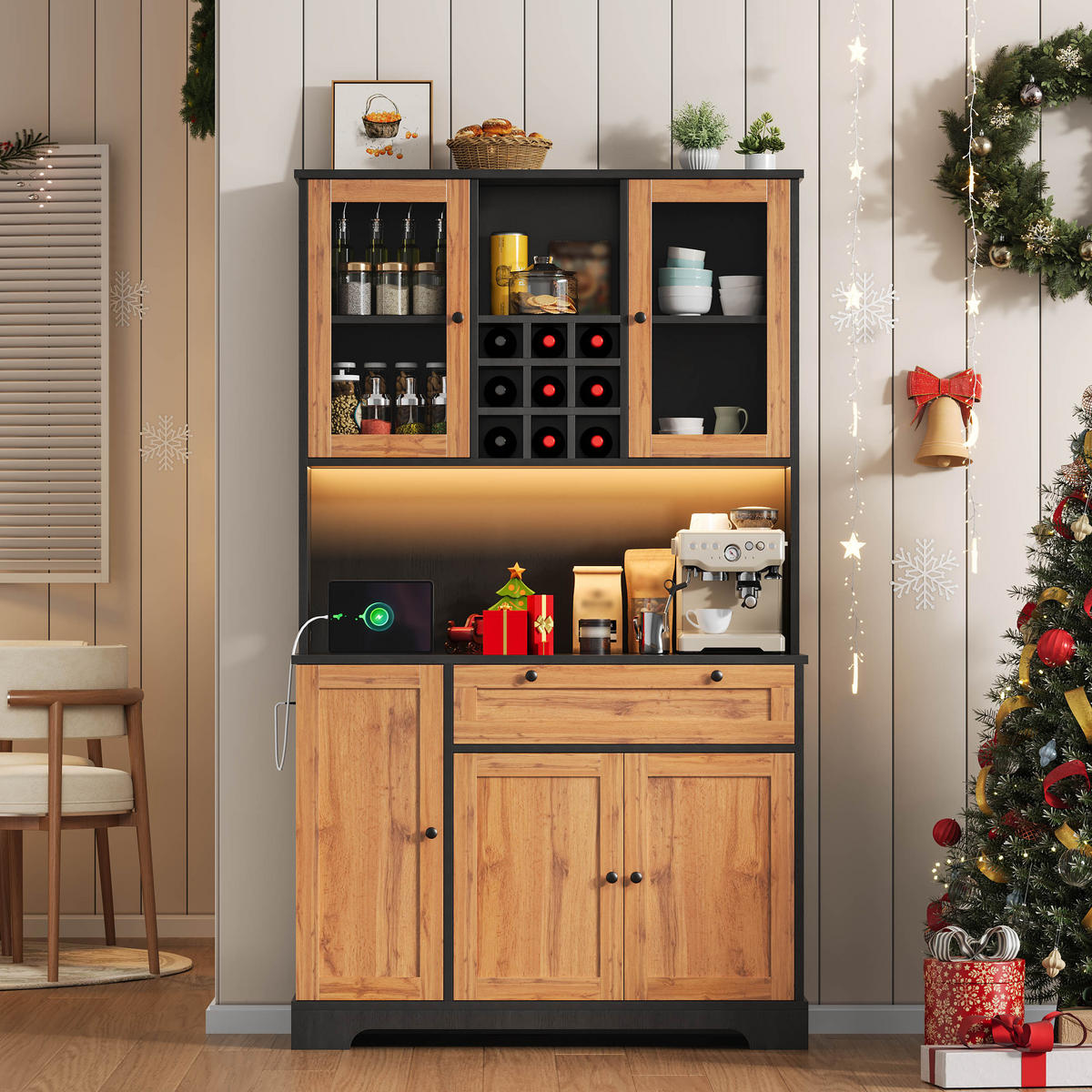 BUFFET DE-38659 180/105/40 cm LED-Beleuchtung und integrierte Steckdose Natur - Naturfarben, Holzwerkstoff (105/180/40cm) - ComfortXL