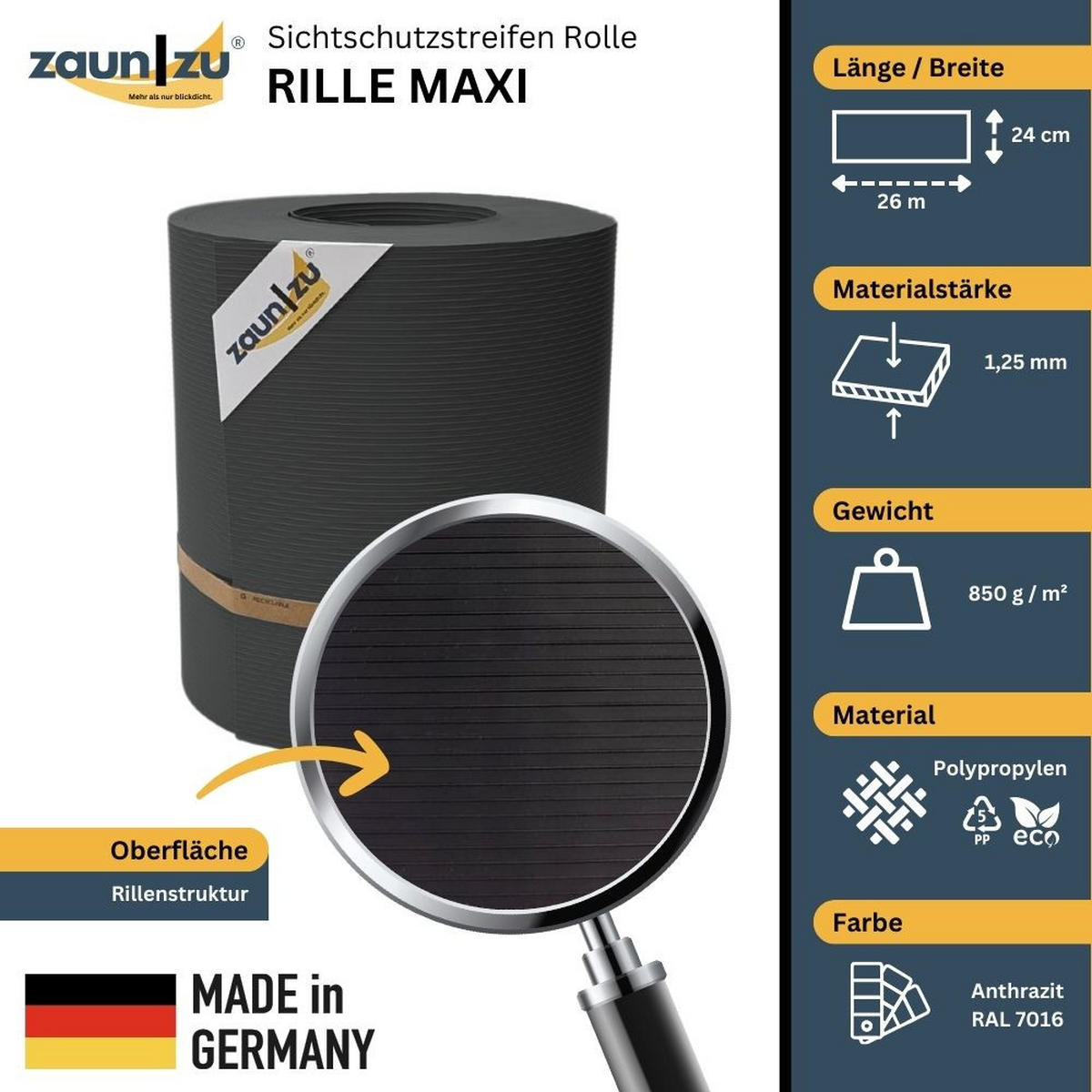 SICHTSCHUTZSTREIFEN Rille Maxi Rolle für Doppelstabmatten 24cm hoch Anthrazit 26m - Anthrazit, Kunststoff (2600/24cm) - ZAUN|ZU