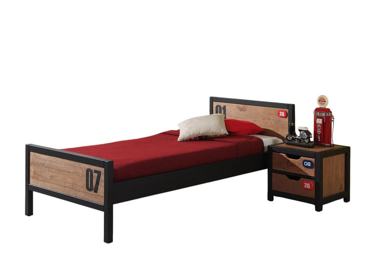 BETT mit Nachtkommode Kameko aus MDF+Massivholz Schwarz/Cognac - Cognac, Holzwerkstoff (90/200cm) - 58aufmkessel