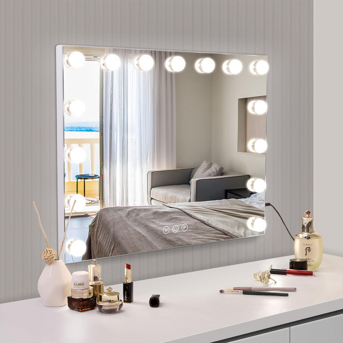 VANITII OGLEDALO ZA LIČENJE z LED osvetlitvijo, belo, 58/46 cm - bela, kovina (58/46/10cm) - VANITII