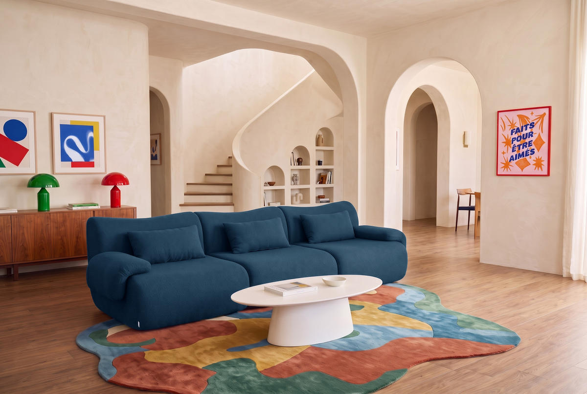3-MIESTNA pohovka bouclé tkanina tmavomodrá - modrá, textil (281/73/95cm) - MILYsofa