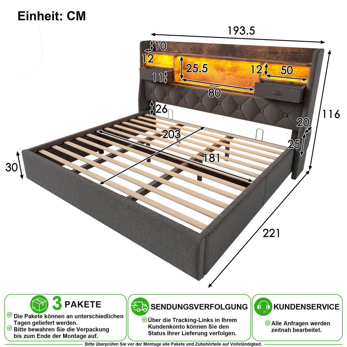 POLSTERBETT 180/200 cm in Grau mit Bettkasten, LED, USB und Type-C Leinen - Grau, Holzwerkstoff/Textil (180/200cm) - CHICFURN